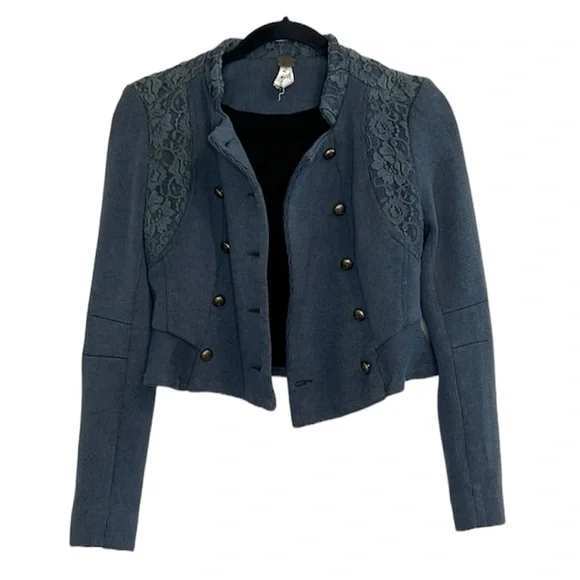 WE THE FREE Free People Navy Blue Military Lace detail Crop Jacket size 2 - Picture 16 of 16